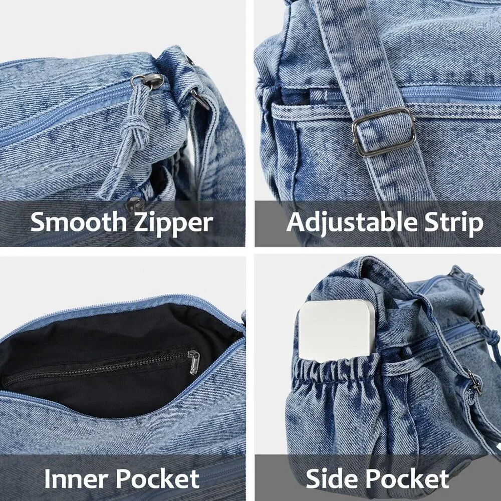 Women's Denim Tote Bag Casual Hobo Purse Adjustable Crossbody Spacious